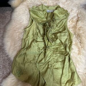 Farinaz Olive Green Ruffled Sleeveless Blouse